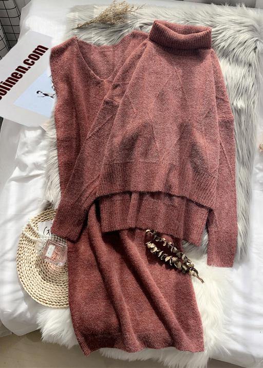 ハイネック レッド セーター レディース ゆったり 厚手 秋冬 キャミソール ウールワンピース 2点セット