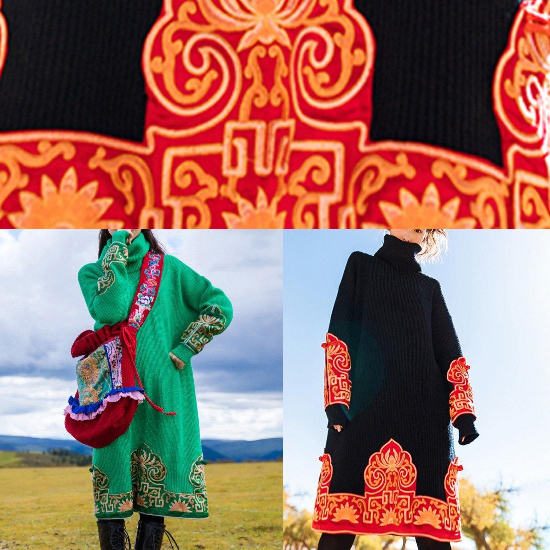 ニット ブラック セーターワンピース ヴィンテージ刺繍 オーバーサイズ ハイネック ニットドレス